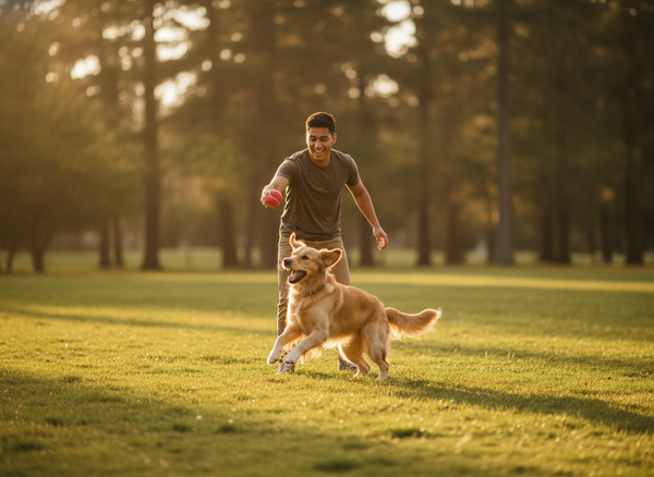 Perro jugando con su dueño en el parque